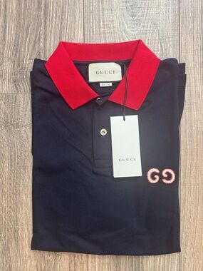 Gucci Navy Polo with Red Collar and GG Embroidery